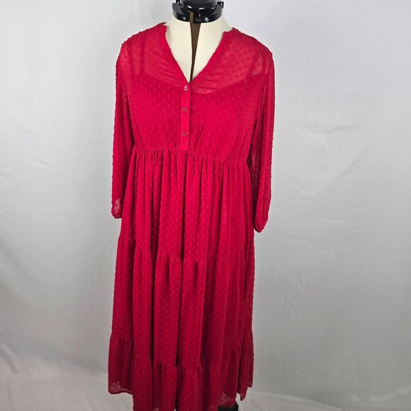 Torrid Dress Women's 0X 12 Red Midi Dot Chiffon Cottagecore Lagenlook 3/4 Sleeve - Picture 13 of 13